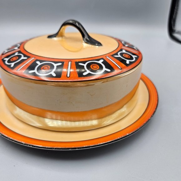 Art Deco-inspired peach lusterware covered butter dish by Morimura, - Picture 3 of 11